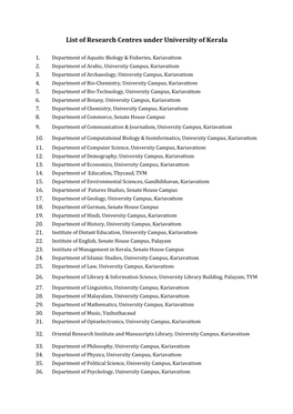 List of Research Centres Under University of Kerala