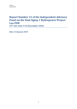 Report Number 12 of the Independent Advisory Panel on the Nam Ngiep 1 Hydropower Project Lao PDR 12Th Site Visit, 9‐16 December 2018