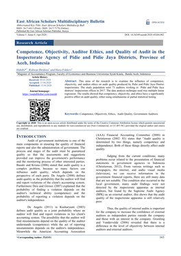 Competence, Objectivity, Auditor Ethics, and Quality of Audit in the Inspectorate Agency of Pidie and Pidie Jaya Districts, Province of Aceh, Indonesia