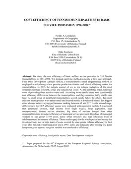 Cost Efficiency of Finnish Municipalities in Basic Service Provision 1994-2002 *
