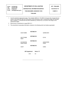 DEPARTMENT of CIVIL AVIATION AIP - THAILAND FAX : 66 2287 4060 AFTN : VTBAYOYX AERONAUTICAL INFORMATION SERVICE Amendment 15