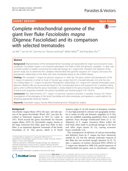 Complete Mitochondrial Genome of the Giant Liver Fluke Fascioloides Magna (Digenea: Fasciolidae) and Its Comparison with Selecte