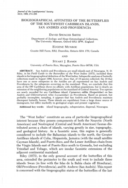 Biogeographical Affinities of the Butterflies of the Southwest Caribbean Islands, San Andres and Providencia