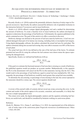 An Equation for Determining Percentage of Herbivory on Pinguicula Moranensis – a Correction