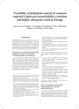 Feasibility of Biological Control of Common Ragweed (Ambrosia Artemisiifolia) a Noxious and Highly Allergenic Weed in Europe