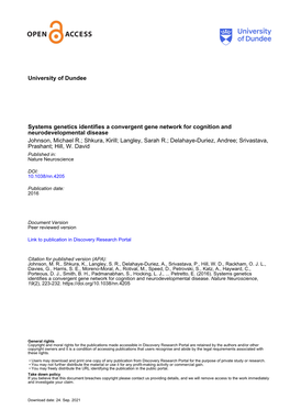 University of Dundee Systems Genetics Identifies a Convergent Gene Network for Cognition and Neurodevelopmental Disease Johnson