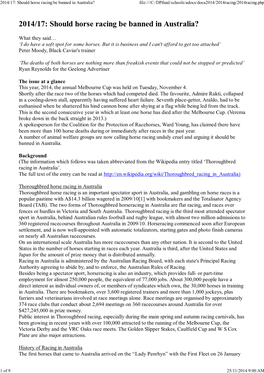 2014/17: Should Horse Racing Be Banned in Australia? File:///C:/Dpfinal/Schools/Adocs/Doca2014/2014Racing/2014Racing.Php