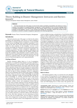 Theory Building in Disaster Management: Intricacies and Barriers Muhammad RJ* Training and Development, Pakistan Institute of Management, Lahore, Pakistan