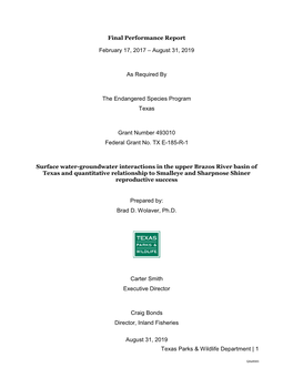 Surface Water-Groundwater Interactions in the Upper Brazos River Basin of Texas and Quantitative Relationship to Smalleye and Sharpnose Shiner Reproductive Success