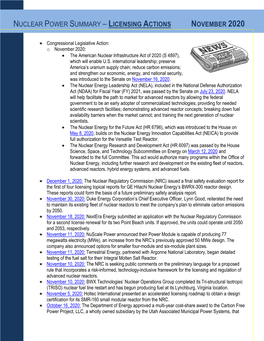 Nuclear Power Summary – Licensing Actions November 2020