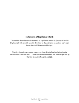 Statements of Legislative Intent: This Section Describes the Statements of Legislative Intent (SLI) Adopted by the City Council