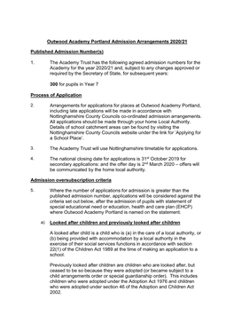Outwood Academy Portland Admission Arrangements 2020/21
