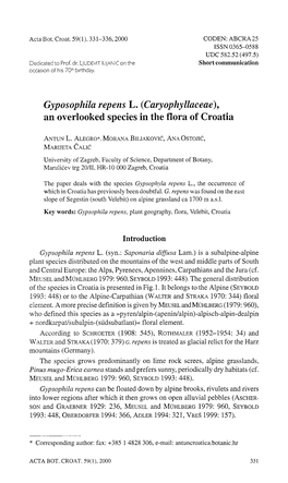 Gyposophila Repens L. (Caryophyllaceae), an Overlooked Species in the Flora of Croatia