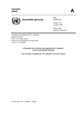 Assemblée Générale GÉNÉRALE A/HRC/7/78 14 Juillet 2008