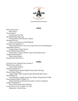 Ad Lib Craft Kitchen and Bar Spring Menu