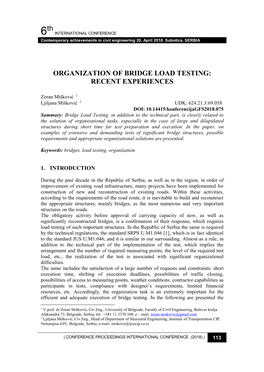 6Th ORGANIZATION of BRIDGE LOAD TESTING: RECENT