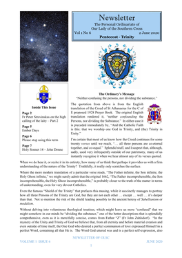 Newsletter the Personal Ordinariate of Our Lady of the Southern Cross Vol 1 No 6 2 June 2020 Pentecost - Trinity