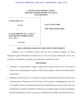UNITED STATES DISTRICT COURT for the WESTERN DISTRICT of TEXAS WACO DIVISION NAVBLAZER, LLC, Plaintiff V. LG ELECTRONICS, INC