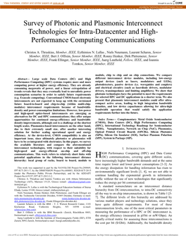 Survey of Photonic and Plasmonic Interconnect Technologies for Intra-Datacenter and High- Performance Computing Communications