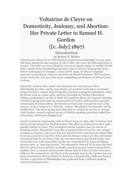 Voltairine De Cleyre on Domesticity, Jealousy, and Abortion: Her Private Letter to Samuel H