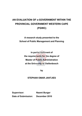 AN EVALUATION of E-GOVERNMENT WITHIN the PROVINCIAL GOVERNMENT WESTERN CAPE (PGWC)