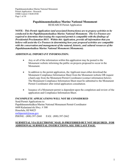 Papahānaumokuākea Marine National Monument Permit Application - Research OMB Control # 0648-0548 Page 1 of 30