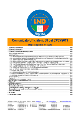 Comunicato Ufficiale N. 68 Del 03/05/2019