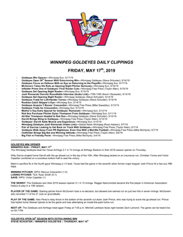 Winnipeg Goldeyes Daily Clippings Friday, May 17 , 2019