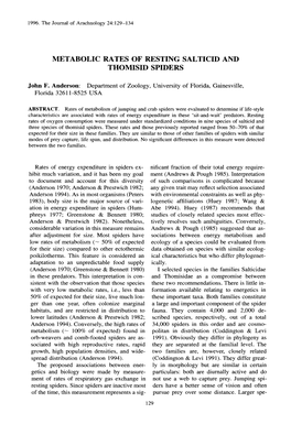 Metabolic Rates of Resting Salticid an D Thomisid Spider S