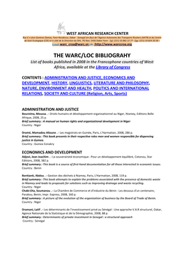 THE WARC/LOC BIBLIOGRAHY List of Books Published in 2008 in the Francophone Countries of West Africa, Available at the Library of Congress