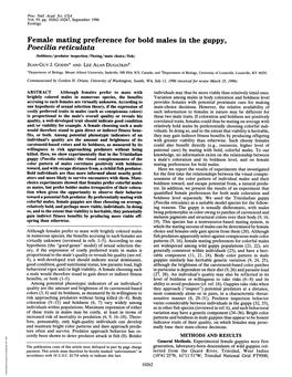 Female Mating Preference for Bold Males in the Guppy, Poecilia Reticulata (Boldness/Predator Inspection/Fleeing/Mate Choice/Fish) JEAN-GUY J