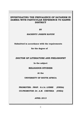 Investigating the Prevalence of Satanism in Zambia with Particular Reference to Kabwe District