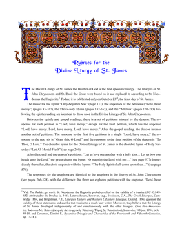 Rubrics for the Divine Liturgy of St. James