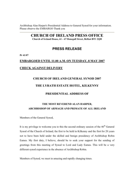 CHURCH of IRELAND PRESS OFFICE Church of Ireland House, 61 – 67 Donegall Street, Belfast BT1 2QH