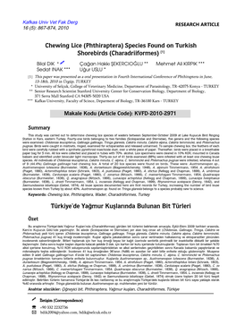 Chewing Lice (Phthiraptera) Species Found on Turkish Shorebirds (Charadriiformes) [1]