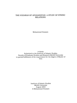 THE HAZARAS of AFGHANISTAN: a STUDY of Ethnie RELATIONS