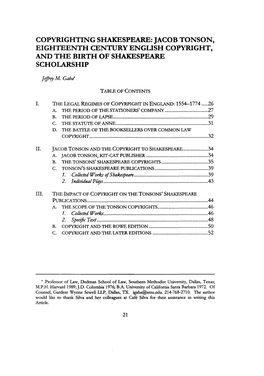 Copyrighting Shakespeare: Jacob Tonson, Eighteenth Century English Copyright, and the Birth of Shakespeare Scholarship