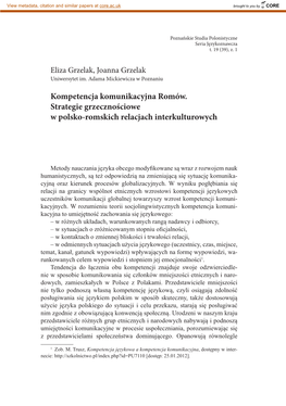 Kompetencja Komunikacyjna Romów. Strategie Grzecznościowe W Polsko-Romskich Relacjach Interkulturowych
