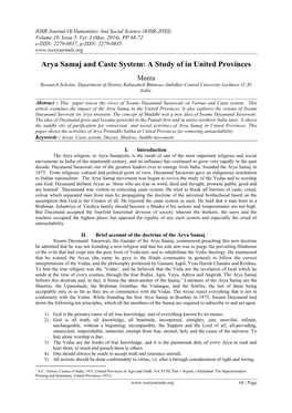 Arya Samaj and Caste System: a Study of in United Provinces