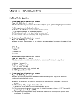 Chapter 16 the Citric Acid Cycle