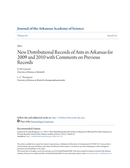 New Distributional Records of Ants in Arkansas for 2009 and 2010 with Comments on Previous Records D