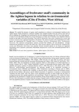 Assemblages of Freshwater Snail's Community in the Aghien Lagoon in Relation to Environmental Variables (Côte D’Ivoire; West Africa)