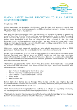 September 18 Rockwiz Latest Major Production to Play Darwin