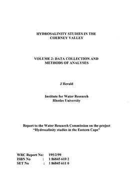 HYDROSALINITY STUDIES in the COERNEY VALLEY VOLUME 2: DATA COLLECTION and METHODS of ANALYSES J Herald Institute for Water Resea