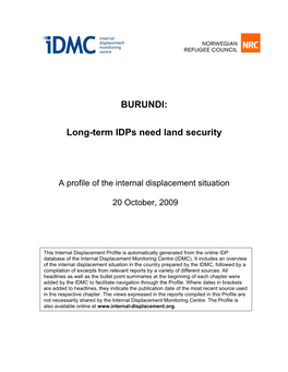 BURUNDI: Long-Term Idps Need Land Security