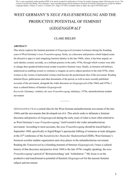 (Gegen)Gewalt, Forum for Modern Language Studies, Volume 53, Issue 4, 1 October 2017, Pages 379–404 Is Available Online At