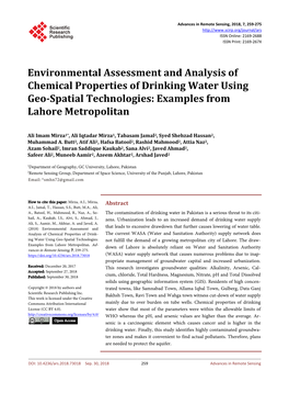 Environmental Assessment and Analysis of Chemical Properties of Drinking Water Using Geo-Spatial Technologies: Examples from Lahore Metropolitan