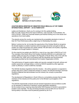 Aviation Media Briefing by Minister Fikile Mbalula at Or Tambo International Airport – 24 October 2019