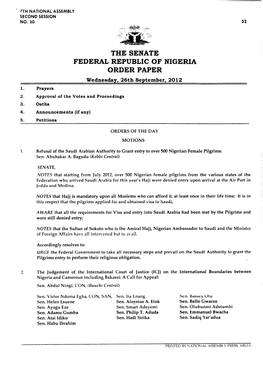 THE SENATE FEDERAL REPUBLIC of NIGERIA ORDER PAPER Wednesday, 26Th September, 2012 1
