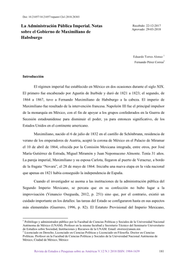 La Administración Pública Imperial. Notas Sobre El Gobierno De Maximiliano De Habsburgo